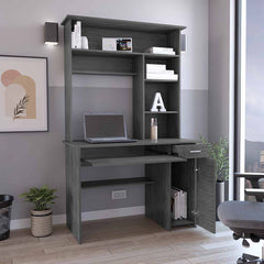Compu Hutch Desk, Keyboard Tray, Door Panel For CPU, Multiple Shelves, One Drawer, Smokey Oak
