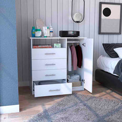 4 Drawer Dresser, One Open Shelf, Superior Top, Single Door Cabinet, White