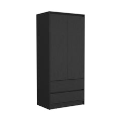 Armoire, Wardrobe Closet with Two Drawers, Hanging Rod, Black