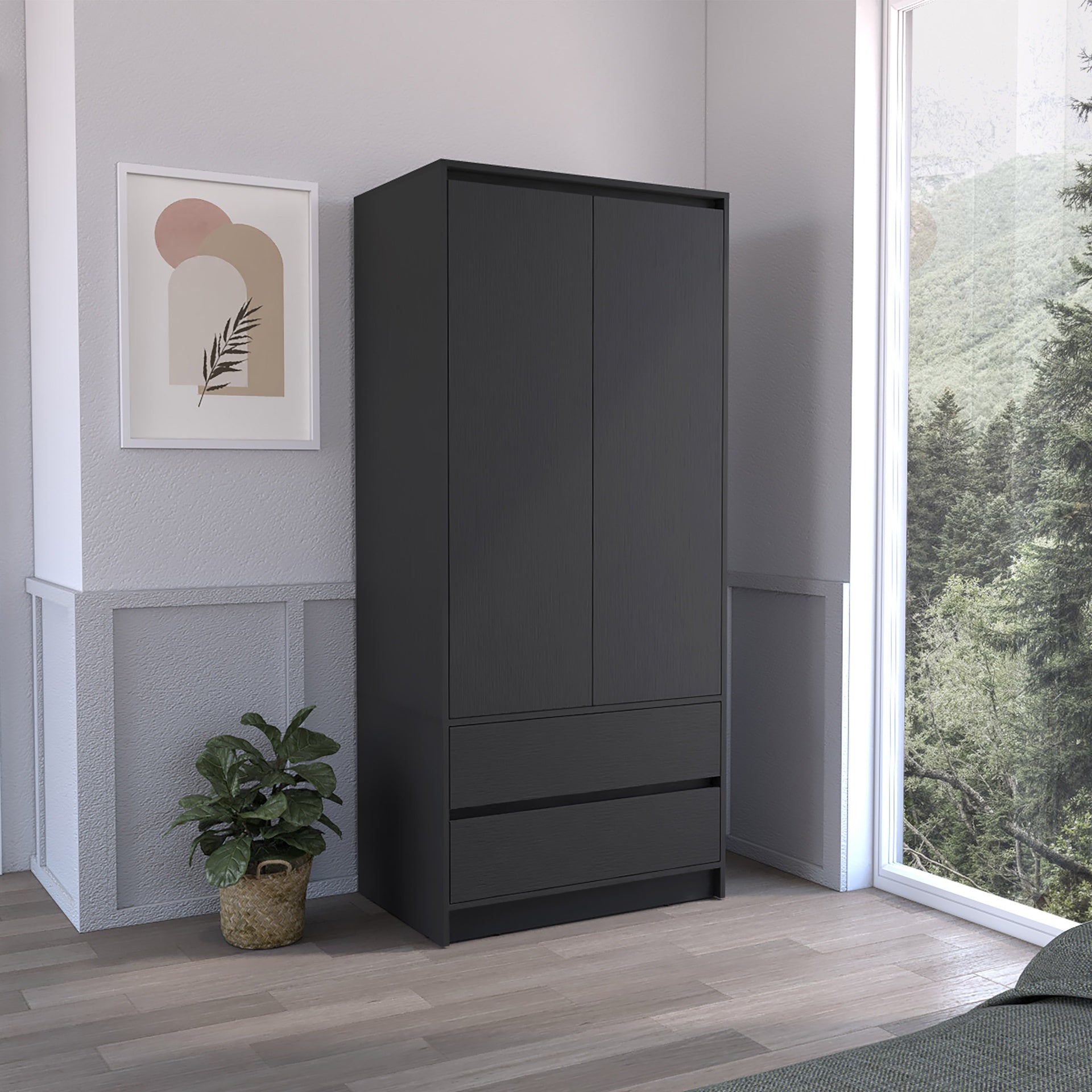 Armoire, Wardrobe Closet with Two Drawers, Hanging Rod, Black