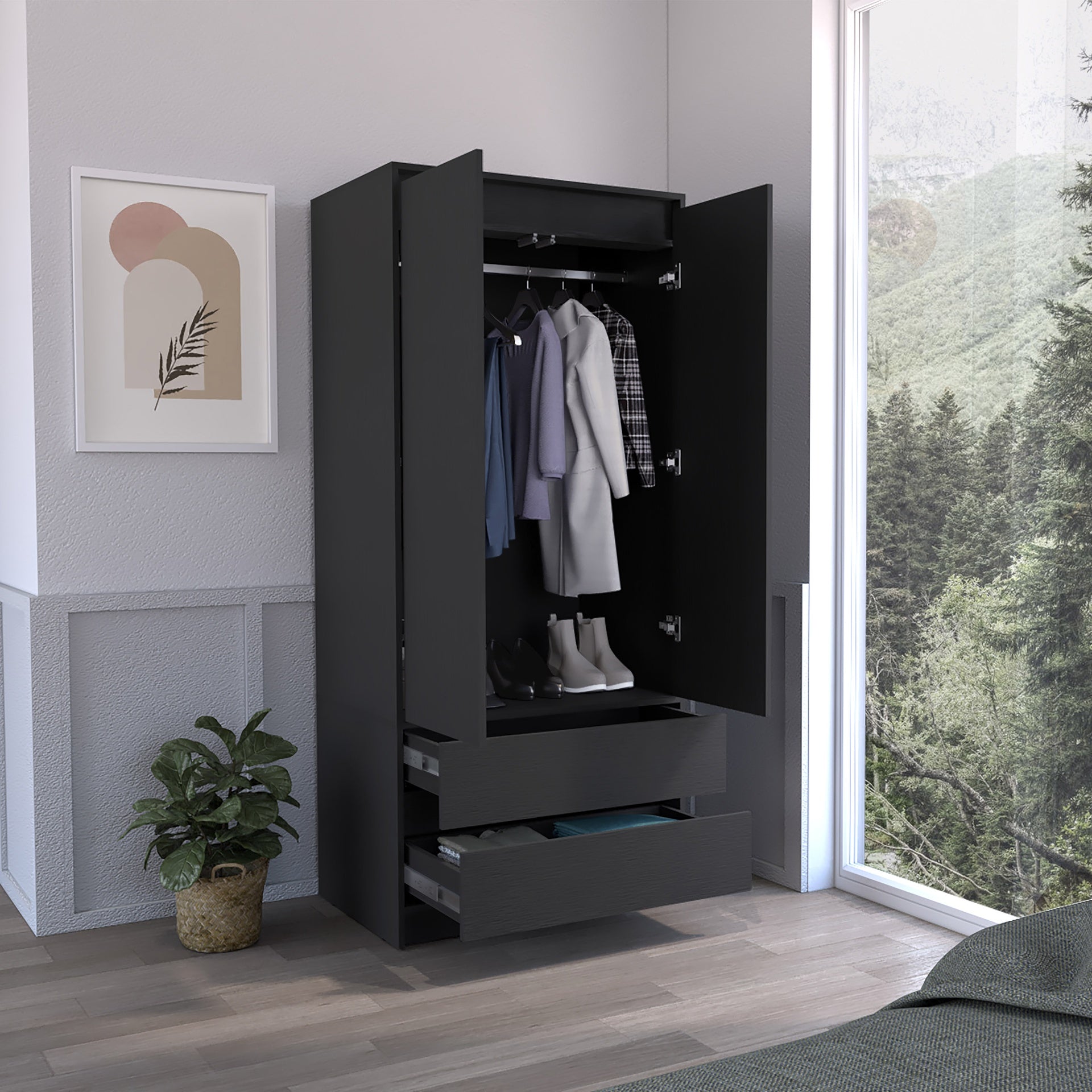 Armoire, Wardrobe Closet with Two Drawers, Hanging Rod, Black