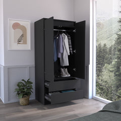 Armoire, Wardrobe Closet with Two Drawers, Hanging Rod, Black