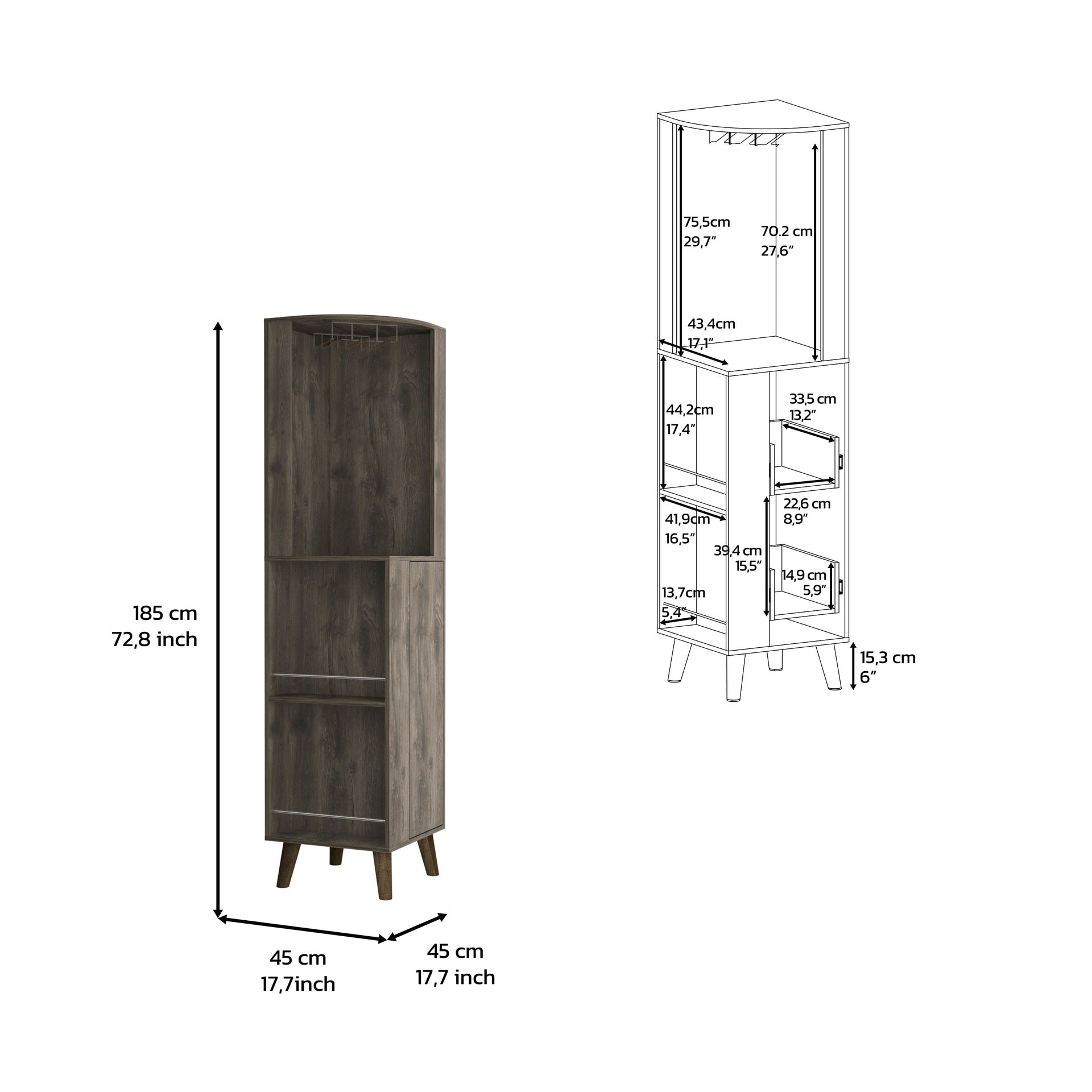 Corner Bar Cabinet, Two External Shelves, One Drawer, Two Interior Shelves, Dark Brown