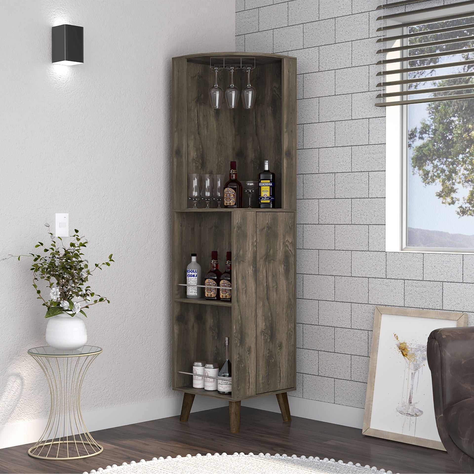 Corner Bar Cabinet, Two External Shelves, One Drawer, Two Interior Shelves, Dark Brown