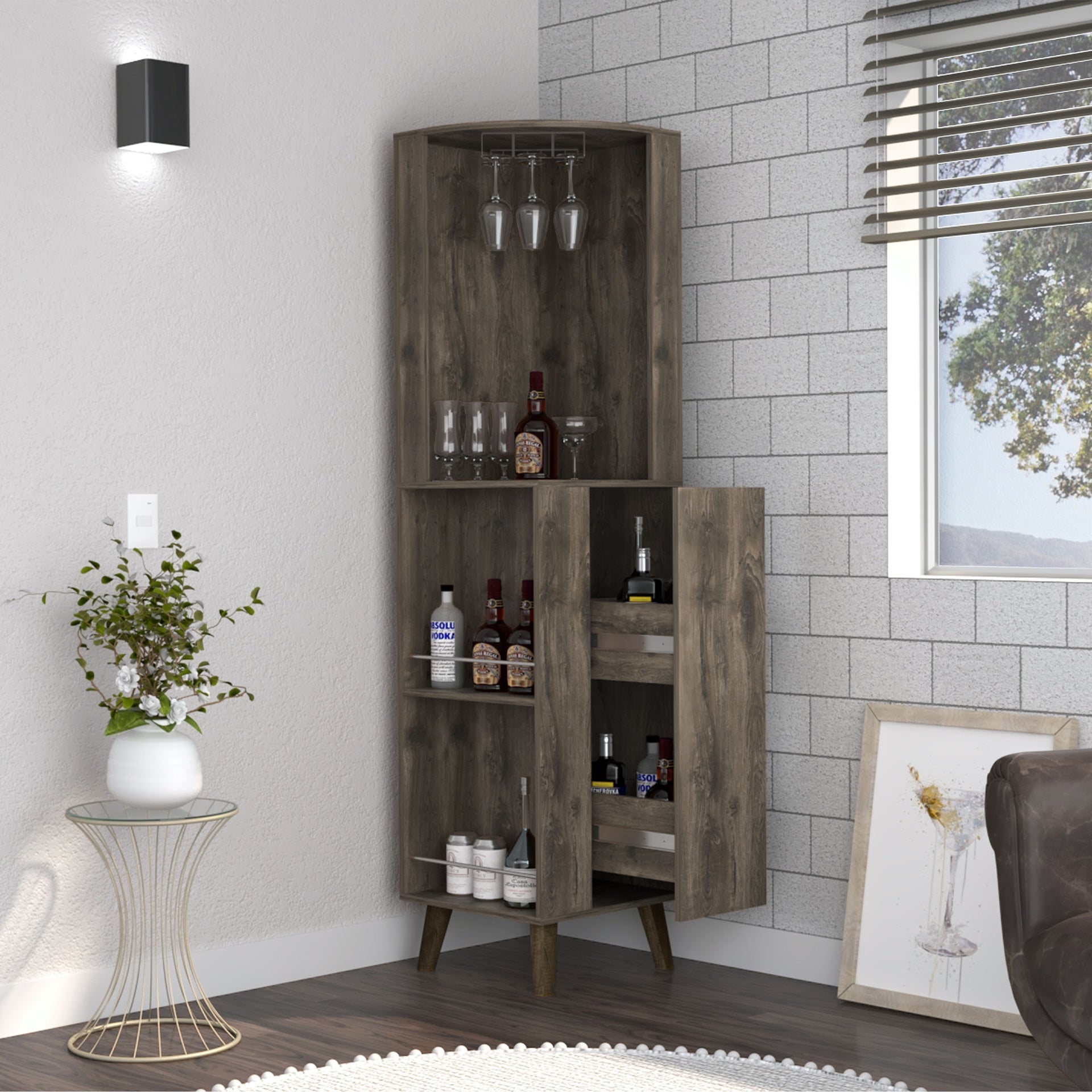 Corner Bar Cabinet, Two External Shelves, One Drawer, Two Interior Shelves, Dark Brown