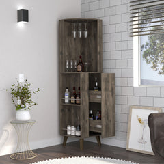 Corner Bar Cabinet, Two External Shelves, One Drawer, Two Interior Shelves, Dark Brown