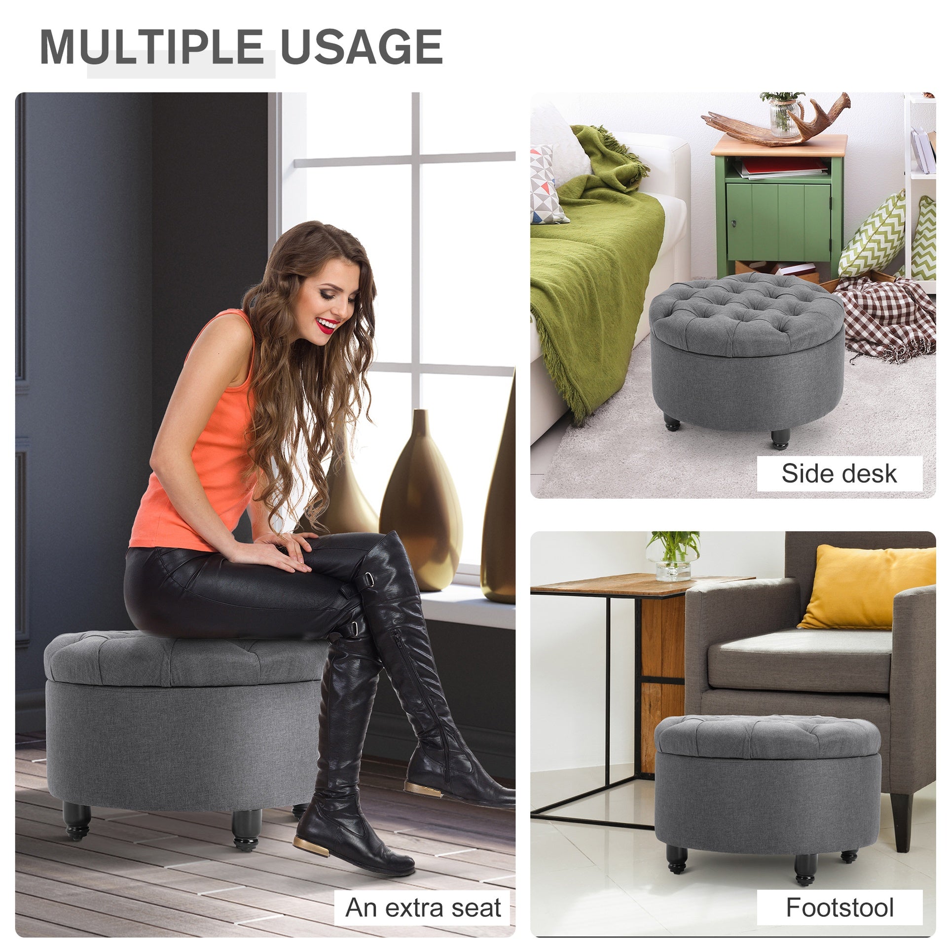 HOMCOM Round Linen-touch Fabric Storage Footstool Ottoman Button Tufted Footrest with Removable Lid, Grey