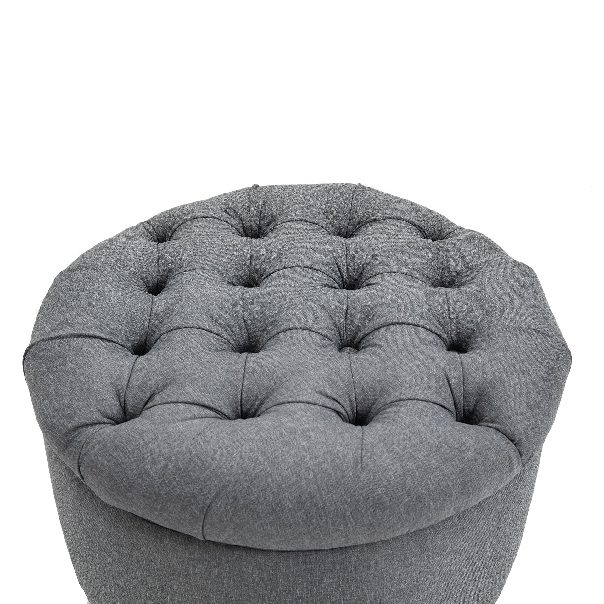 HOMCOM Round Linen-touch Fabric Storage Footstool Ottoman Button Tufted Footrest with Removable Lid, Grey