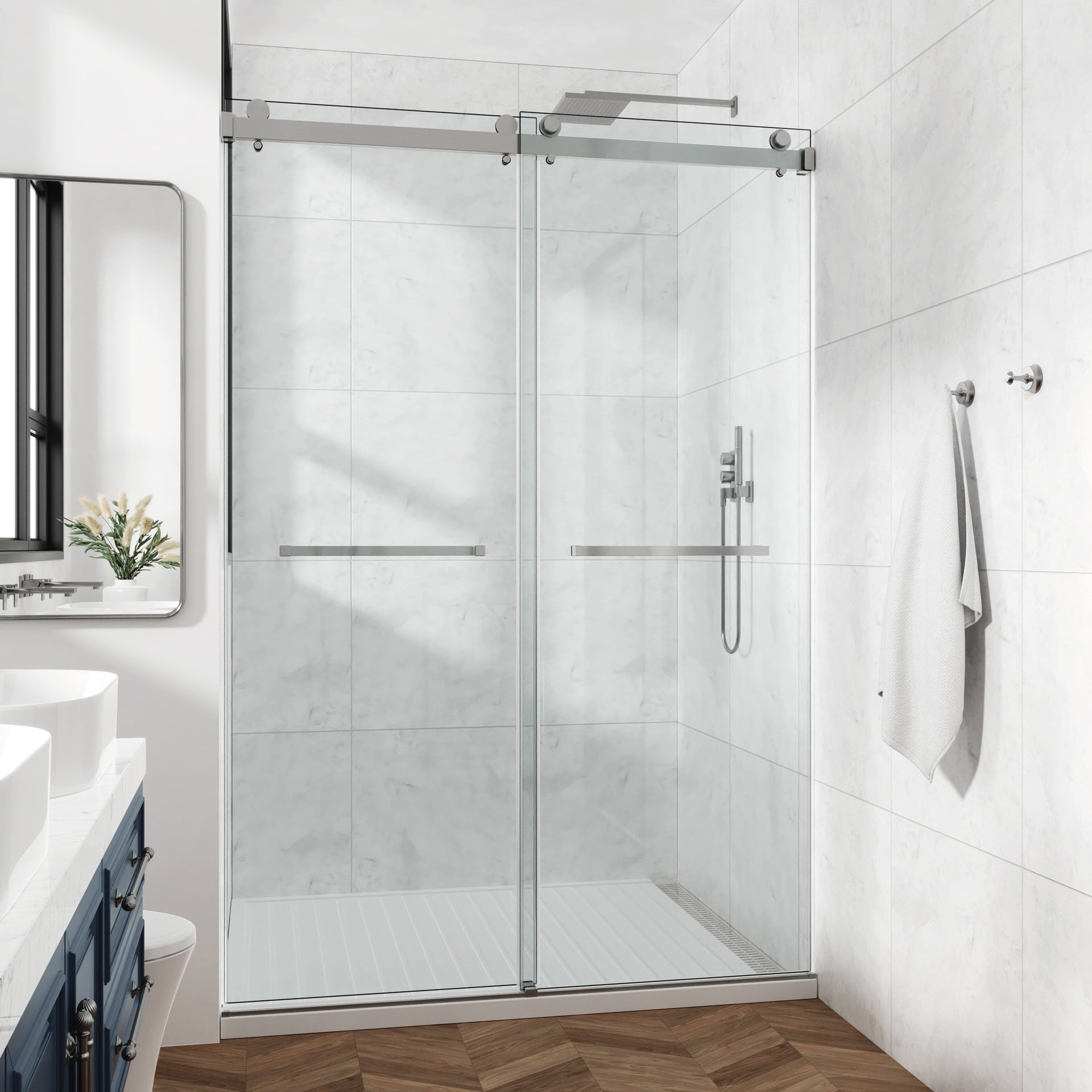 54*76" Frameless Double Sliding Shower Door, Double Shower Door, 3/8″ (10mm) SGCC Tempered Glass, Stainless Steel