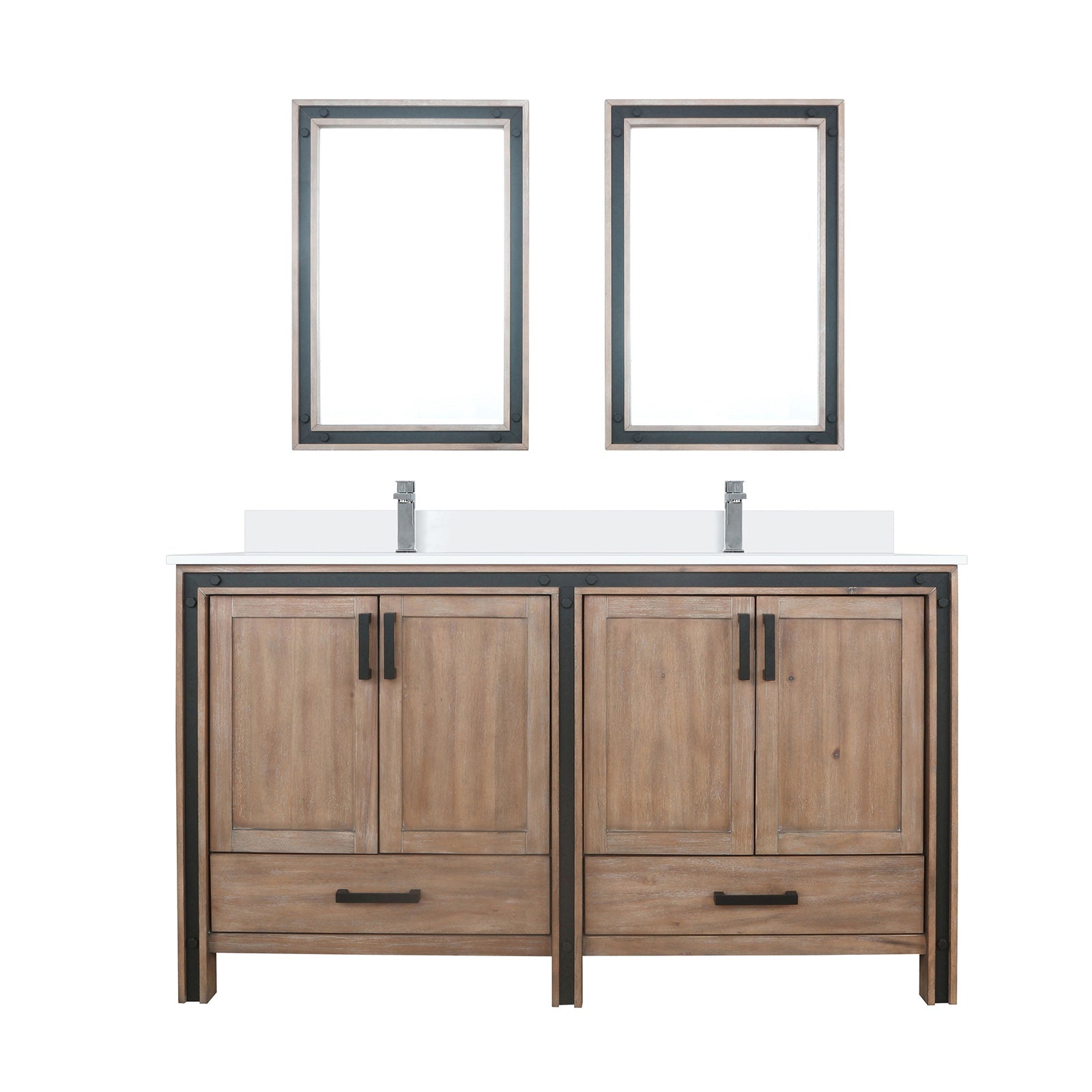 Rustic Barnwood Double Bath Vanity 60 in. W x 22 in. D, Cultured Marble Top, Faucet Set and 22 in. Mirrors