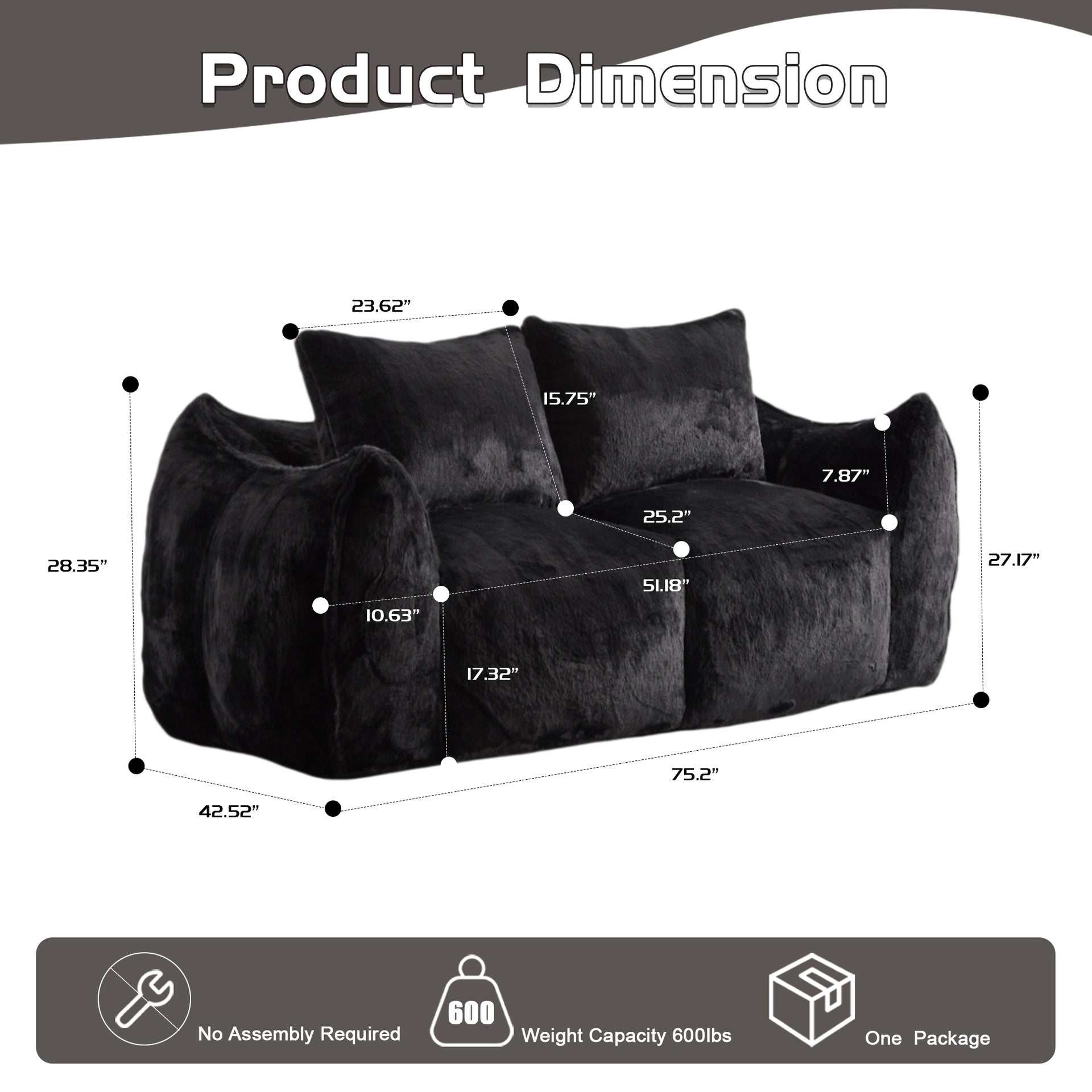 Giant Bean Bag Couch for Adults, Ultra Soft Fluffy Loveseat Bean Bag Sofa, Oversized Chase Lounge Chair Indoor for Living Room Bedroom, No Assembly Required Cozy Reading Chair with Pillows, Black