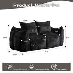 Giant Bean Bag Couch for Adults, Ultra Soft Fluffy Loveseat Bean Bag Sofa, Oversized Chase Lounge Chair Indoor for Living Room Bedroom, No Assembly Required Cozy Reading Chair with Pillows, Black