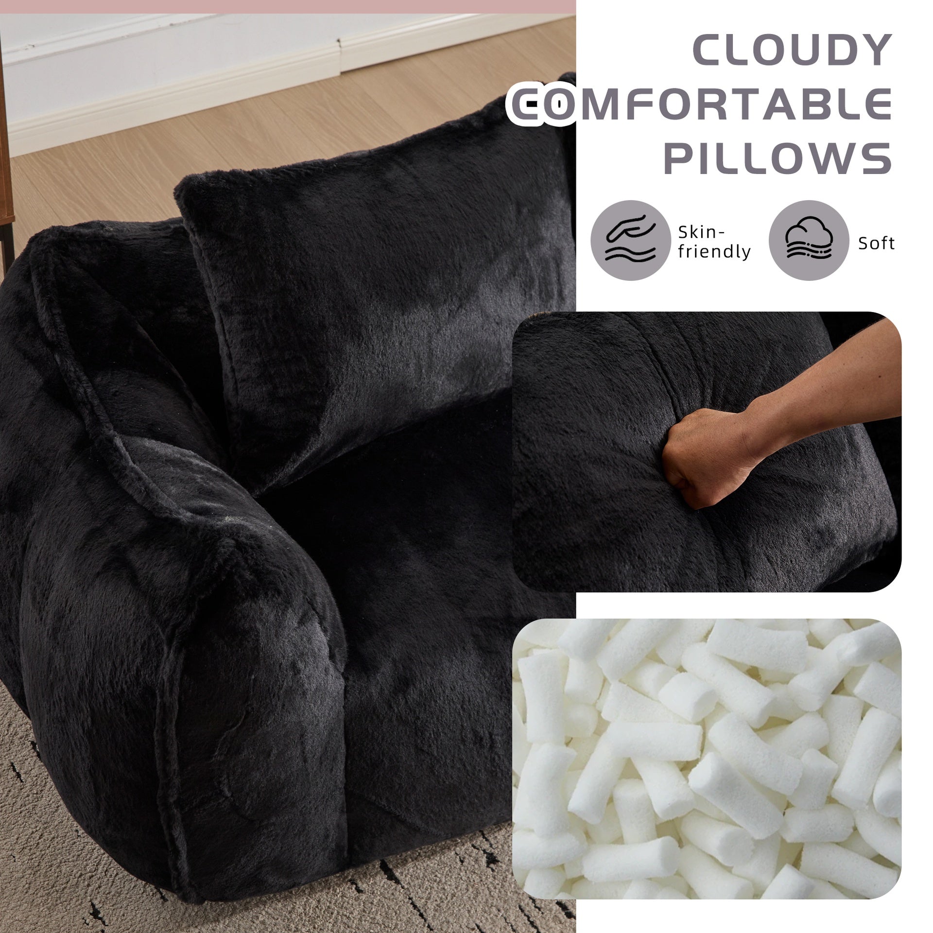 Giant Bean Bag Couch for Adults, Ultra Soft Fluffy Loveseat Bean Bag Sofa, Oversized Chase Lounge Chair Indoor for Living Room Bedroom, No Assembly Required Cozy Reading Chair with Pillows, Black