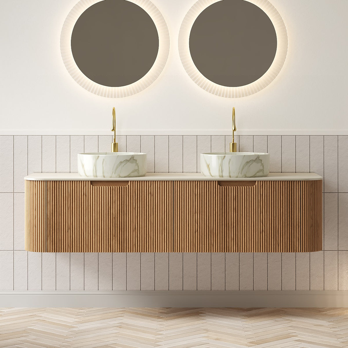 DINA 60" Bathroom Vanity&Sink, Floating Curved Edge Stripe Cabinet with Drawers, 2 Round Ceramic Basins with Stone Pattern&Travertine-Pattern Sintered Stone Top, Pre-assembled, Natural Woodgrain Color