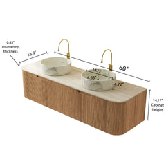 DINA 60" Bathroom Vanity&Sink, Floating Curved Edge Stripe Cabinet with Drawers, 2 Round Ceramic Basins with Stone Pattern&Travertine-Pattern Sintered Stone Top, Pre-assembled, Natural Woodgrain Color