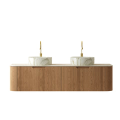 DINA 60" Bathroom Vanity&Sink, Floating Curved Edge Stripe Cabinet with Drawers, 2 Round Ceramic Basins with Stone Pattern&Travertine-Pattern Sintered Stone Top, Pre-assembled, Natural Woodgrain Color