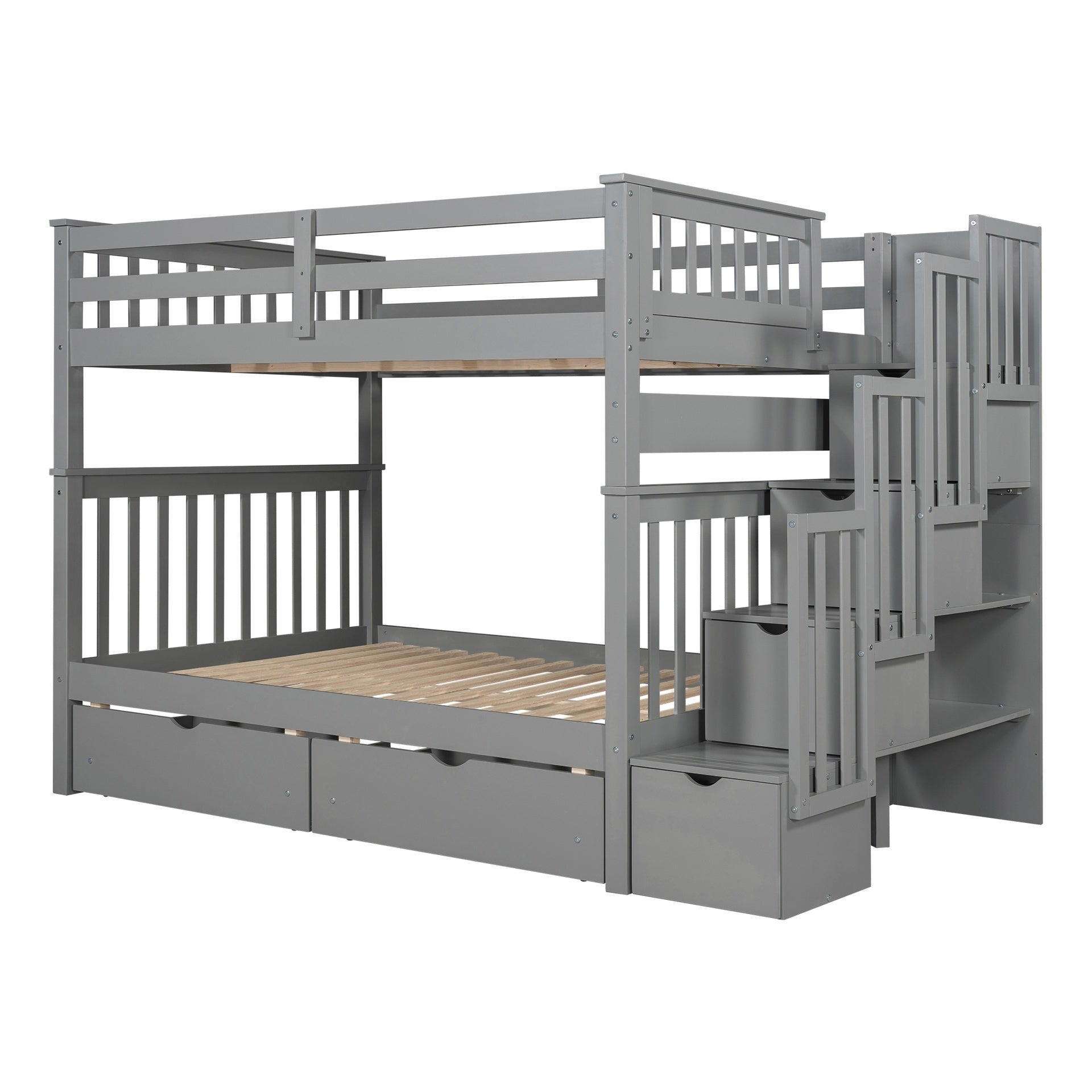Full Over Full Bunk Bed with Shelves and 6 Storage Drawers, Gray(Old SKU:LT000046AAE)