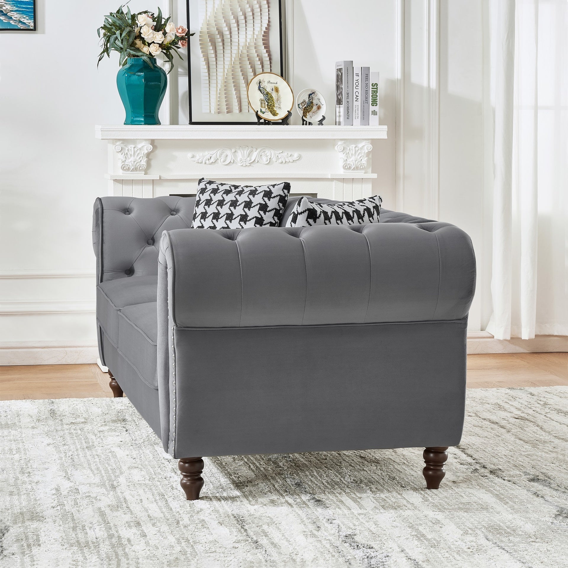67"Chesterfield ‌velvet upholstery fabric Sofa with Roll Armrest & Nailhead,Upholstered Mid Century Modern Couch,2 Seater Couch for Living Room, Office, Apartment, Grey