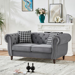 67"Chesterfield ‌velvet upholstery fabric Sofa with Roll Armrest & Nailhead,Upholstered Mid Century Modern Couch,2 Seater Couch for Living Room, Office, Apartment, Grey