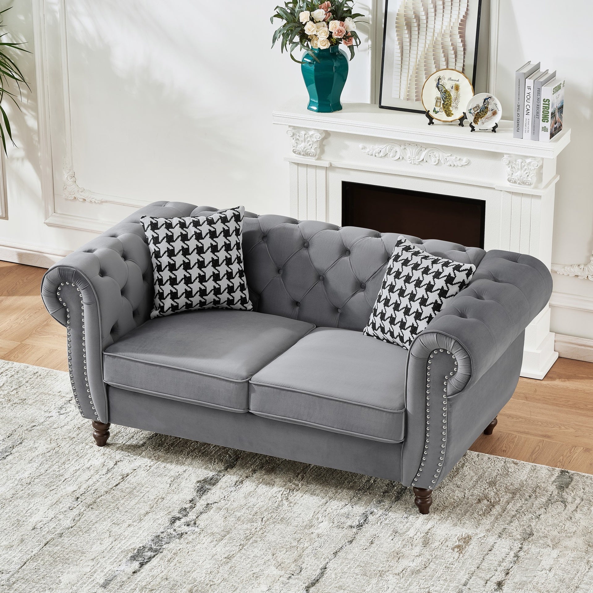 67"Chesterfield ‌velvet upholstery fabric Sofa with Roll Armrest & Nailhead,Upholstered Mid Century Modern Couch,2 Seater Couch for Living Room, Office, Apartment, Grey