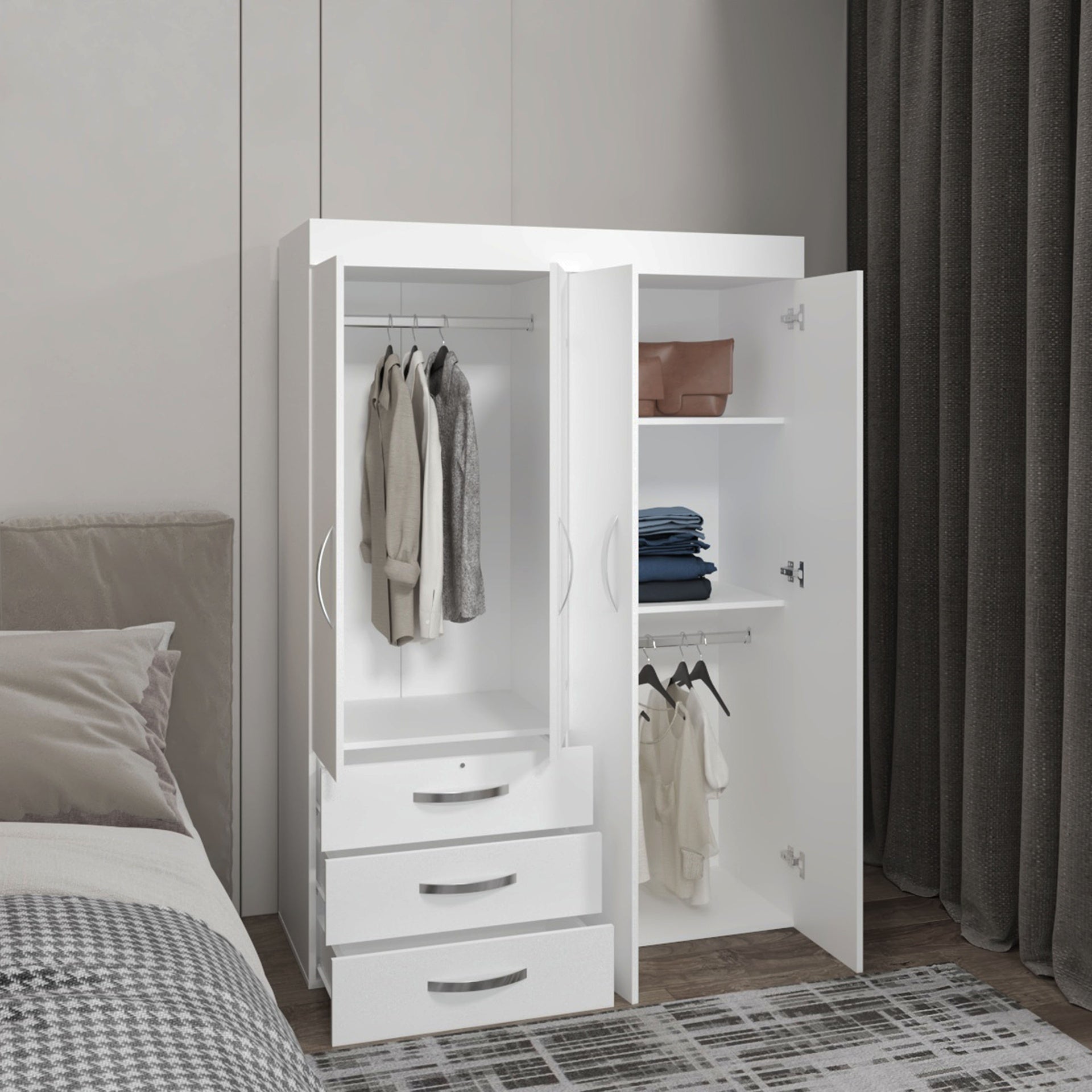 Denver Adjustable Armoire, Rods, Double Door Cabinet, Three Drawers, Two Shelves White