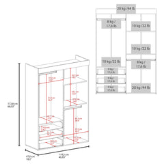 Denver Adjustable Armoire, Rods, Double Door Cabinet, Three Drawers, Two Shelves White