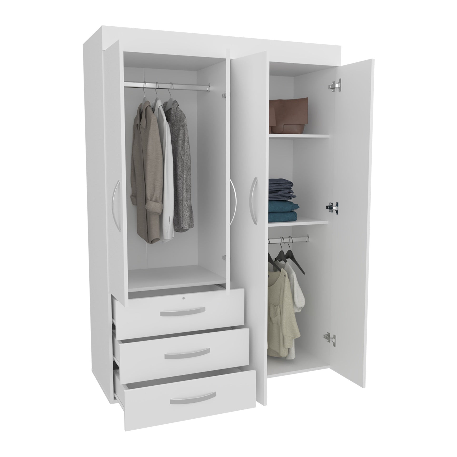 Denver Adjustable Armoire, Rods, Double Door Cabinet, Three Drawers, Two Shelves White