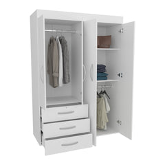 Denver Adjustable Armoire, Rods, Double Door Cabinet, Three Drawers, Two Shelves White