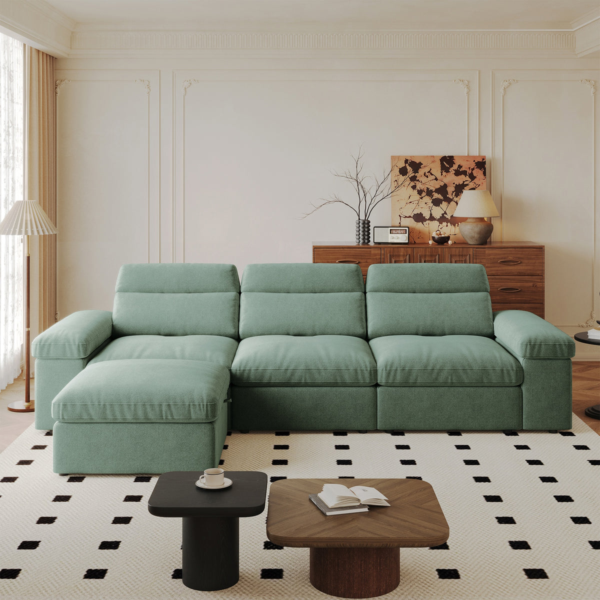 This simple modular sofa is made of down and linen, with a backrest that can be adjusted backward. It is soft and comfortable, has storage space, and is suitable for both living rooms and bedrooms