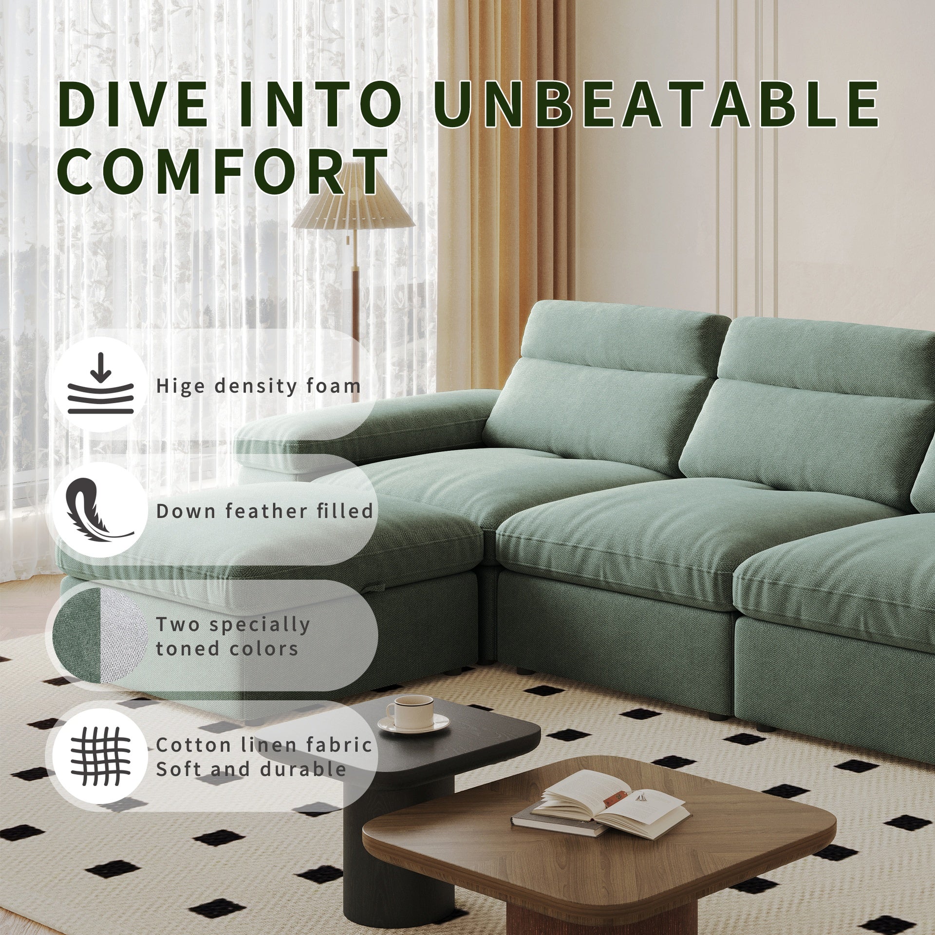 This simple modular sofa is made of down and linen, with a backrest that can be adjusted backward. It is soft and comfortable, has storage space, and is suitable for both living rooms and bedrooms