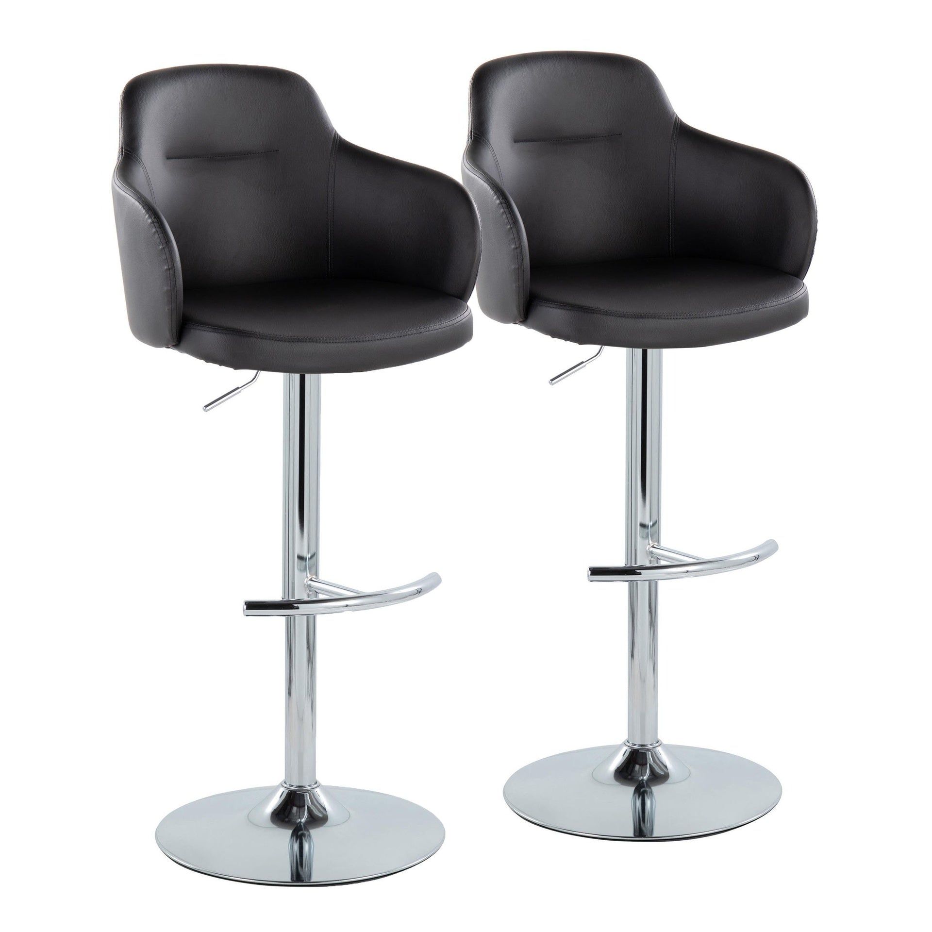 Boyne Contemporary Adjustable Barstool with Swivel in Chrome Metal and Black Faux Leather with Rounded T Footrest by LumiSource - Set of 2
