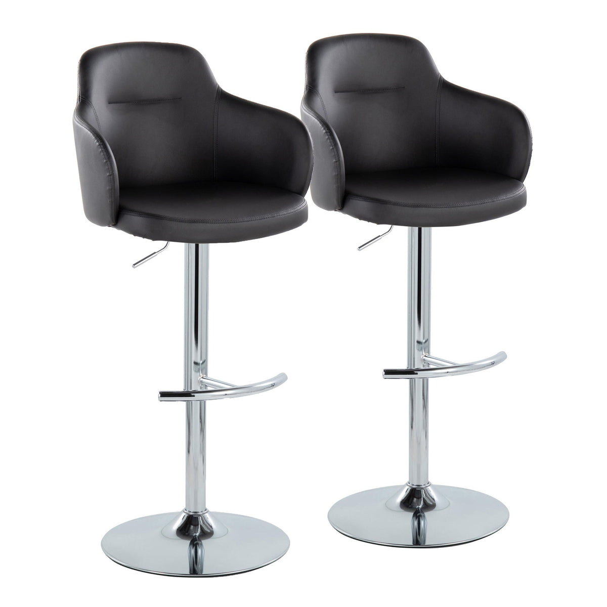 Boyne Contemporary Adjustable Barstool with Swivel in Chrome Metal and Black Faux Leather with Rounded T Footrest by LumiSource - Set of 2