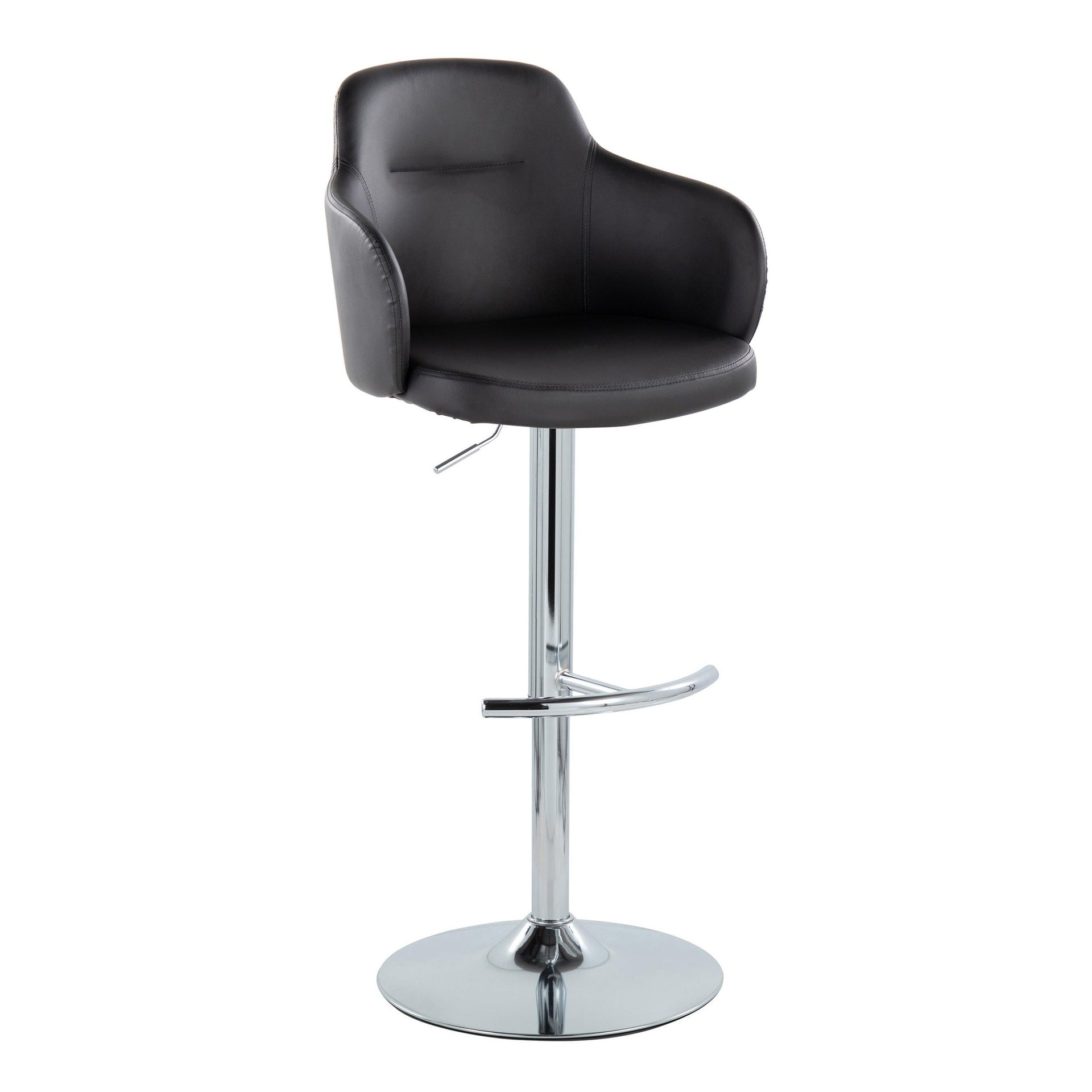 Boyne Contemporary Adjustable Barstool with Swivel in Chrome Metal and Black Faux Leather with Rounded T Footrest by LumiSource - Set of 2