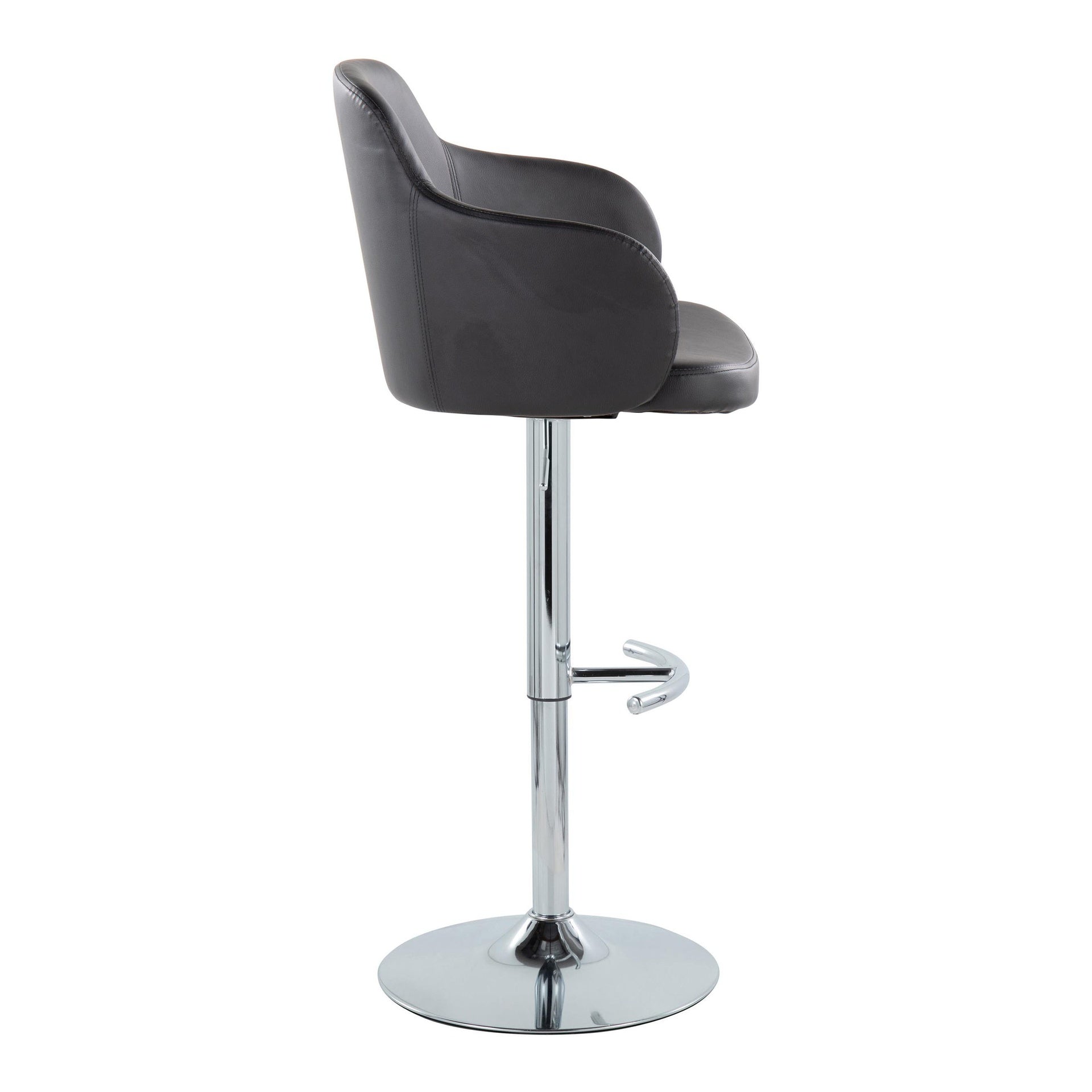 Boyne Contemporary Adjustable Barstool with Swivel in Chrome Metal and Black Faux Leather with Rounded T Footrest by LumiSource - Set of 2