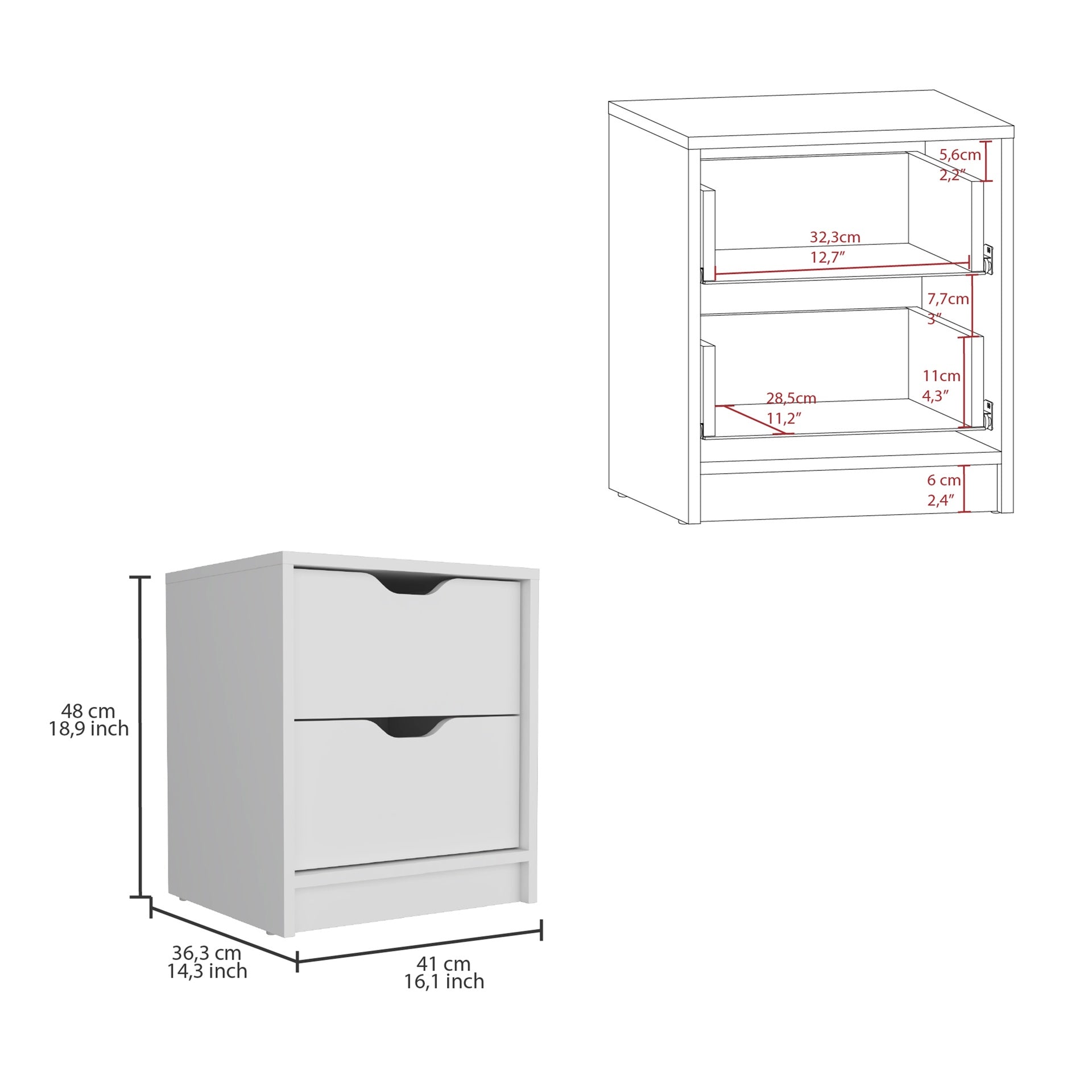 Basilea 2 Drawers Nightstand , End Table, Side Table Pull Out System -White