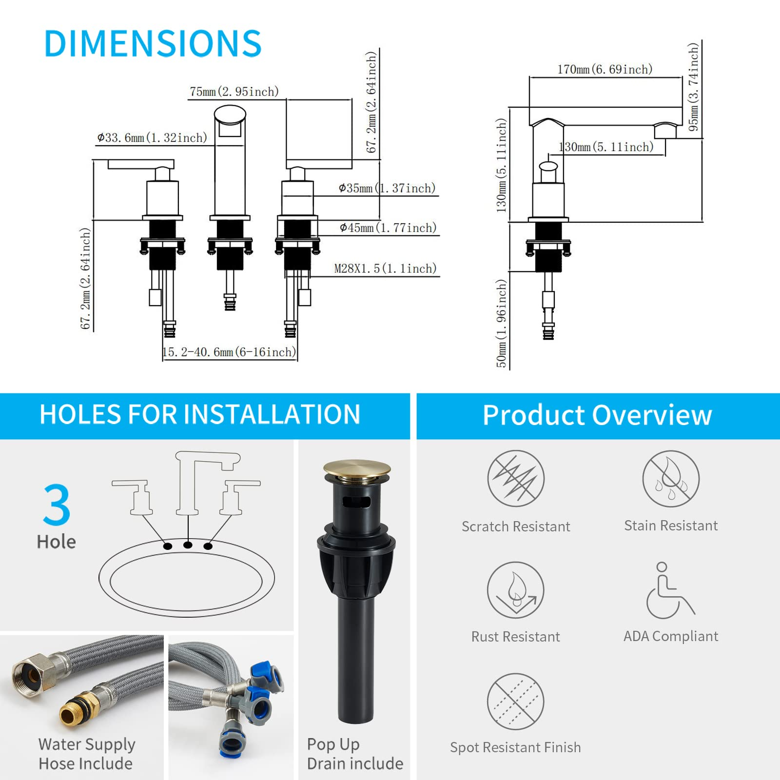 Brushed Gold 3-Hole Low-Arch 8 Inch Widespread Bathroom Faucet, Vanity Sink Faucet with Metal Pop Up Drain Assembly and Water Supply Lines for Lavatory