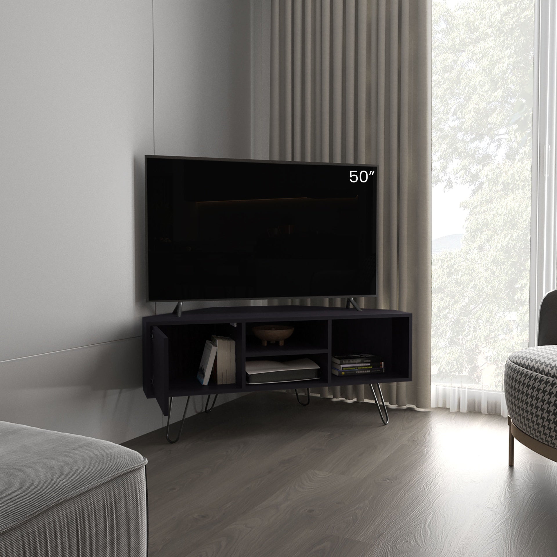 Lancaster Corner Tv Stand, With Two Shelves And Two Cabinets, Black