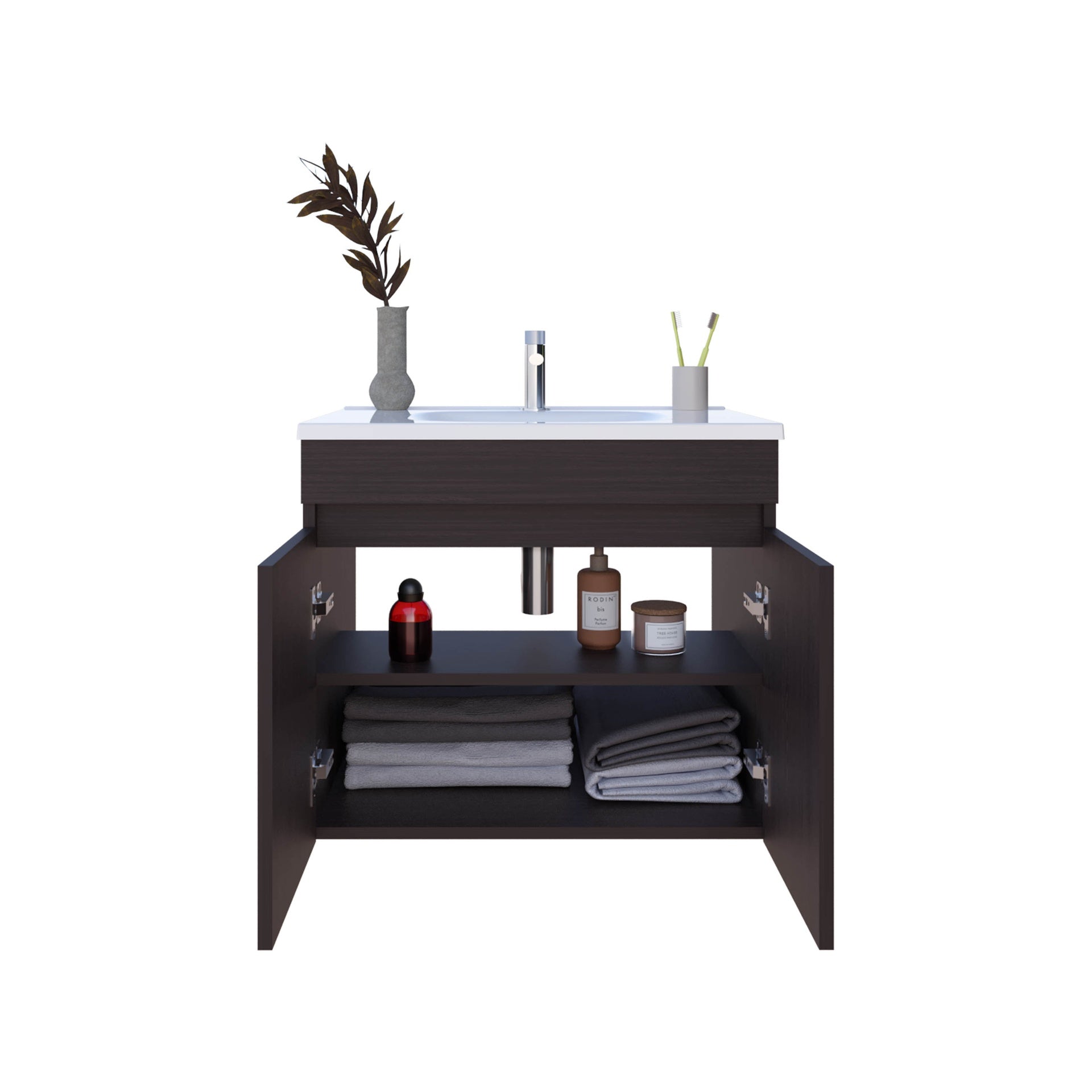 Chaux Floating, Wide Double Door Vanity, With Resin Sink And Two Shelves, Bathroom Storage, Black