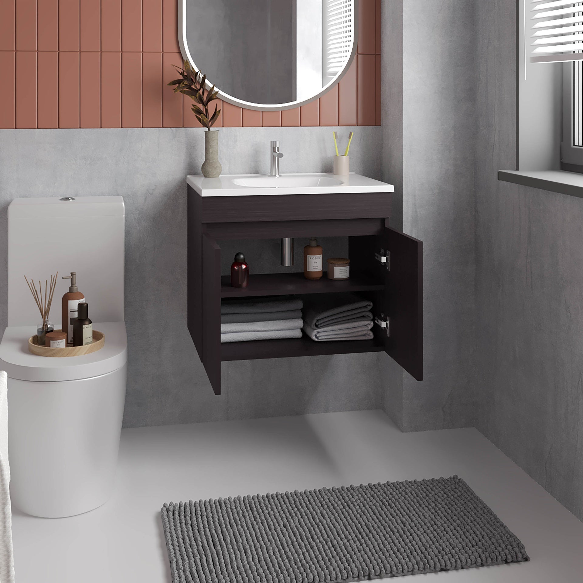 Chaux Floating, Wide Double Door Vanity, With Resin Sink And Two Shelves, Bathroom Storage, Black