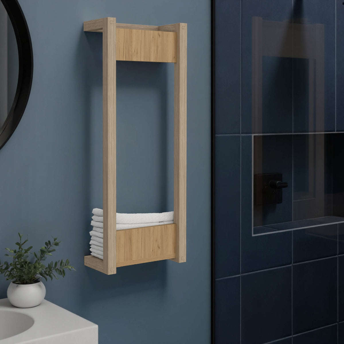 Arlington Wall Towel Rack With Shelf And Hanging Bar, Natural Oak