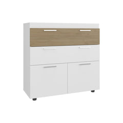 Belton Freestanding Bedroom Dresser Cabinet with Two Standard Drawers, and Two Drop-Down Doors with Low Cabinet Shelves