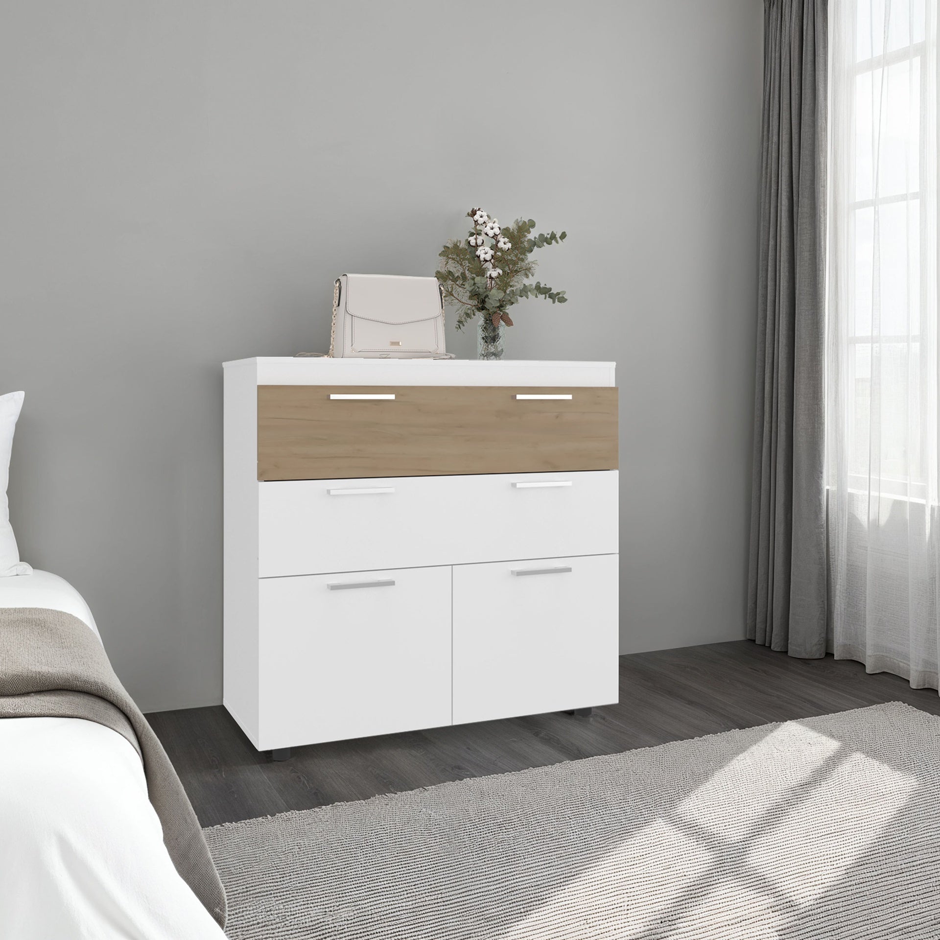 Belton Freestanding Bedroom Dresser Cabinet with Two Standard Drawers, and Two Drop-Down Doors with Low Cabinet Shelves