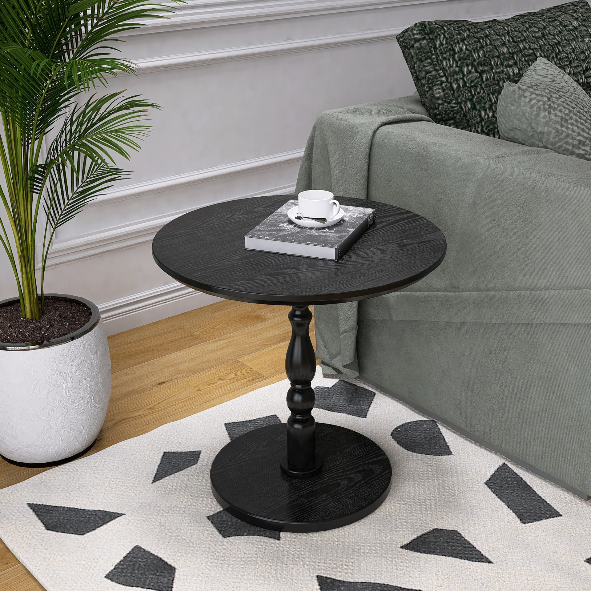 23'' Black Accent Round Table, Round Side Table, Small Table for Small Spaces, Modern Accent Nightstand with Solid Wood Leg for Living Room, Bedroom, Corners, and Office (Black)