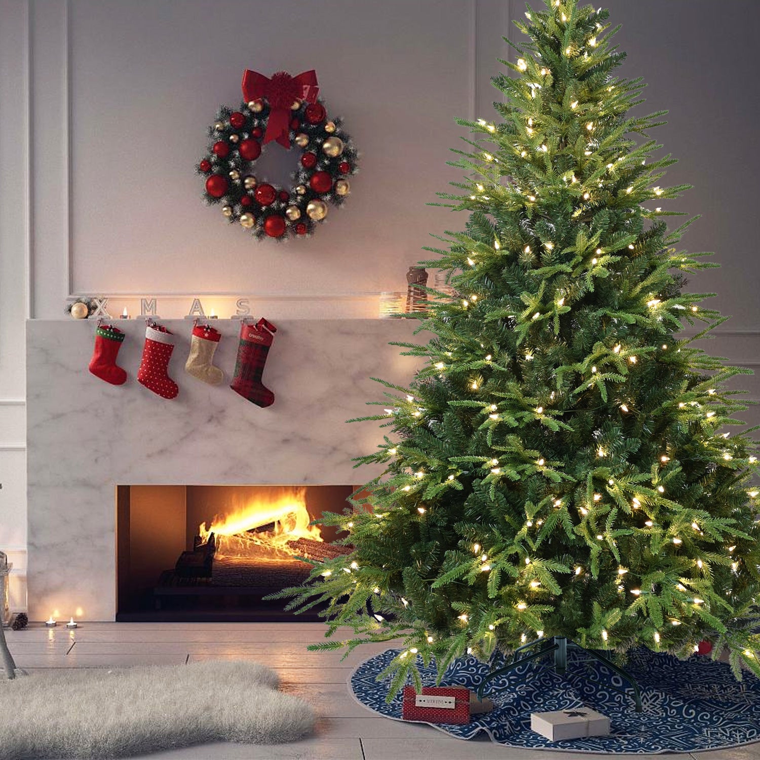 6ft Pre-Lit Artificial Christmas Tree with 400 Warm White Incandescent Lights, 1931 Tips, PE+PVC Hinged Pine with Partial Memory Wire Branches, Foldable Metal Stand for Holiday Decoration