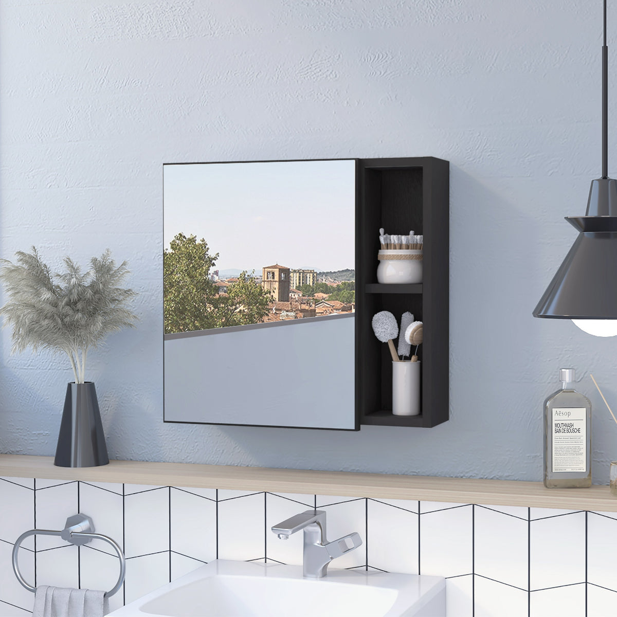 Oman Medicine Cabinet, Three Internal Shelves, Single Door, Two External Shelves -Black