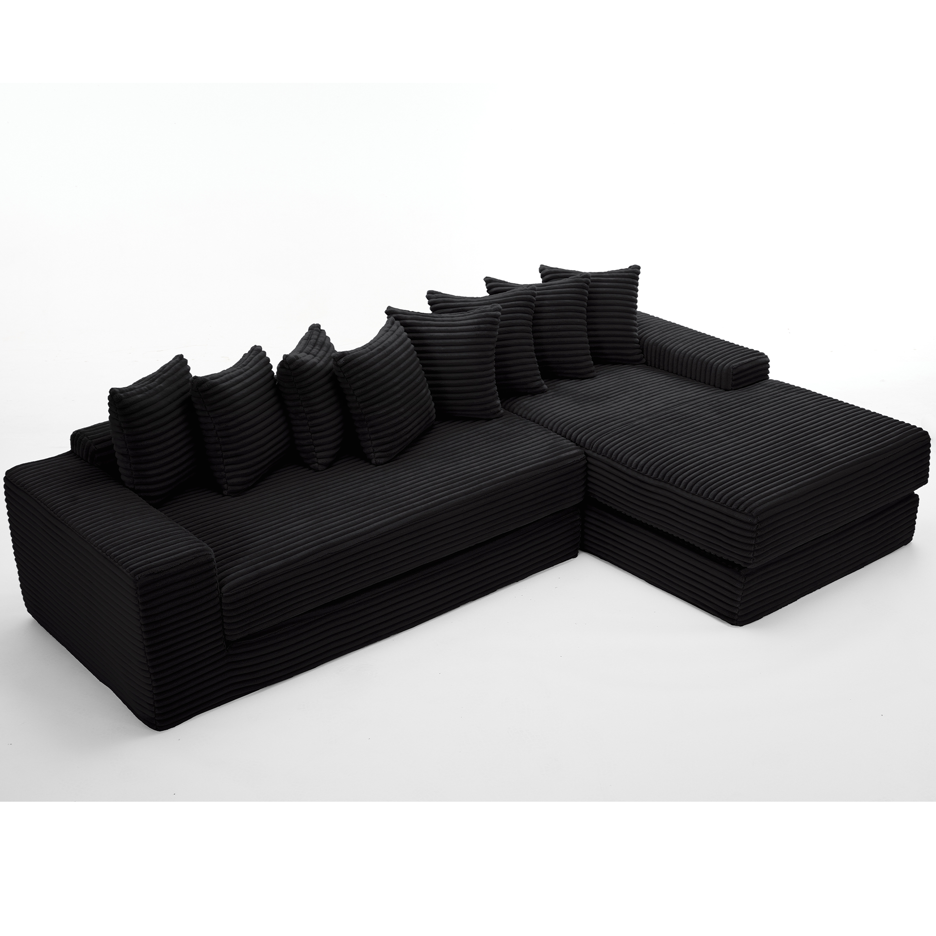 Oversize Cloud Sectional Couch, L-Shape Sofa, Convertible Floor Sleeper Sofa Bed, No Assembly,Eight pillows,3-in-1,Magazine bag,(Right Facing Sofa),Corduroy,Black
