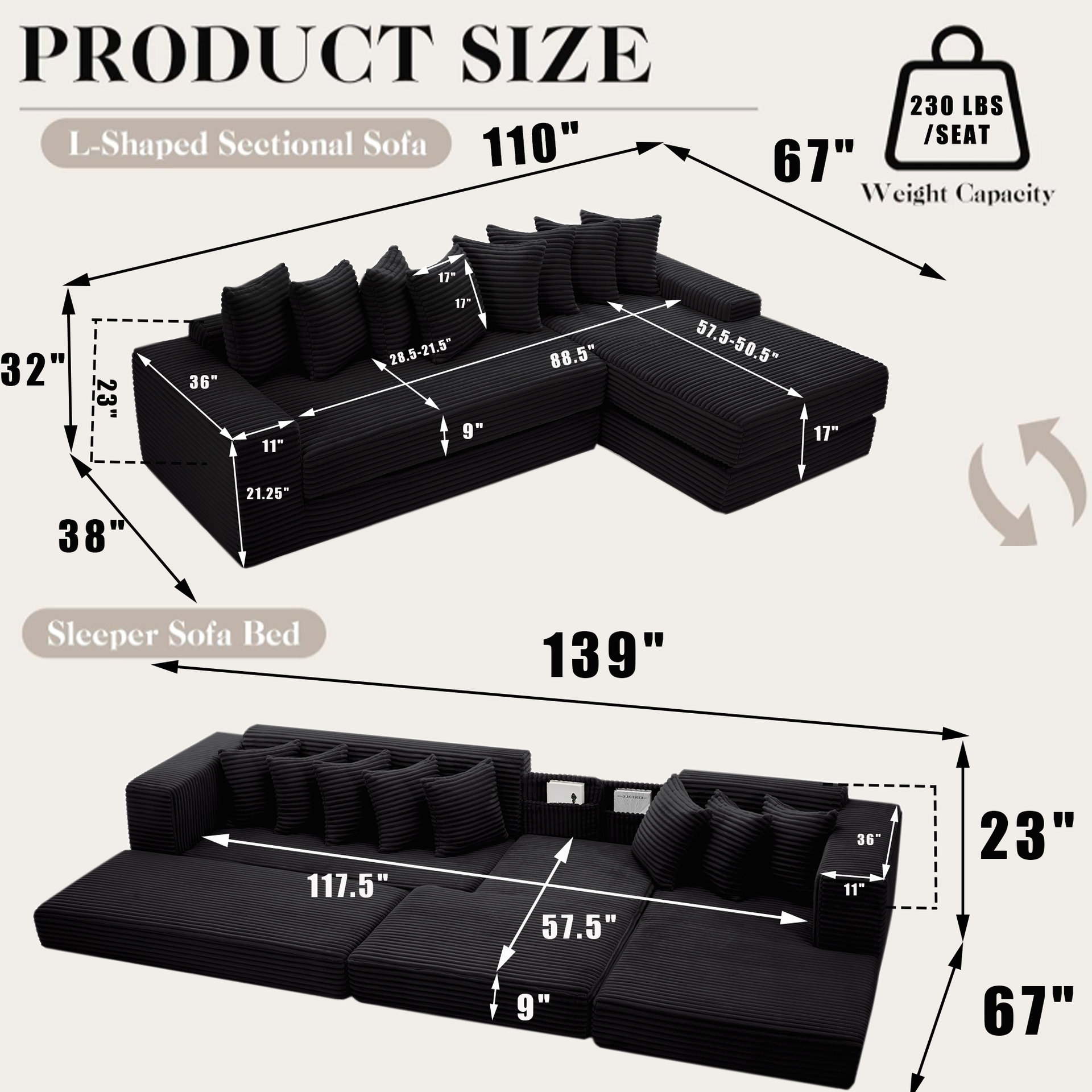 Oversize Cloud Sectional Couch, L-Shape Sofa, Convertible Floor Sleeper Sofa Bed, No Assembly,Eight pillows,3-in-1,Magazine bag,(Right Facing Sofa),Corduroy,Black