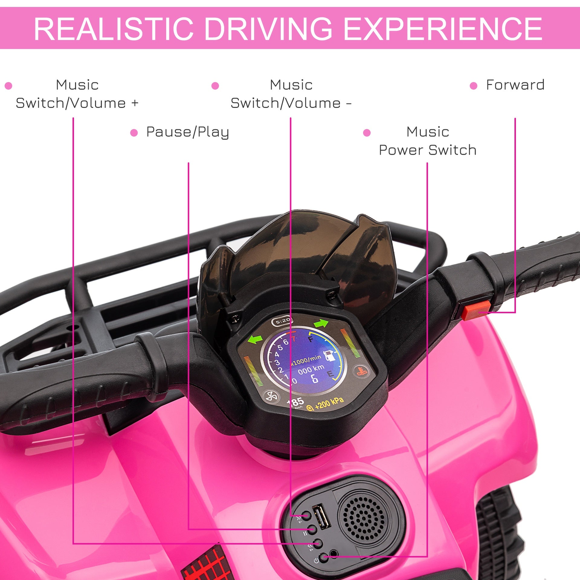 Aosom Kids ATV Four Wheeler  Ride on Car, Motorized Quad, 6V Battery Powered Electric Quad with Songs for 18-36 Months, Pink
