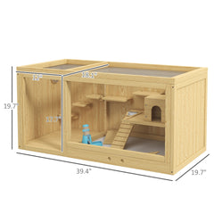 PawHut Wooden Hamster Cage, Extra Large Gerbil Cage, Multi-Layer Small Animal Cage for Dwarf Hamster, Activity Center with Pull-out Tray, Seesaws, Water Bottle, Ladder, Openable Top