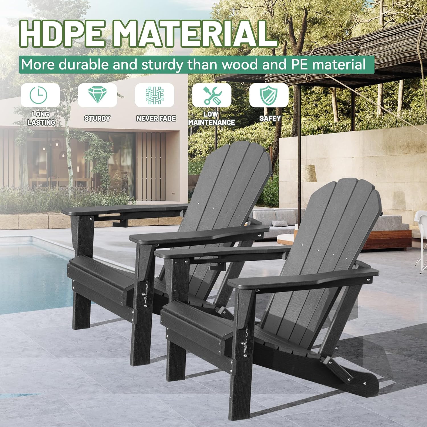 Adirondack Chairs Set of 2, Plastic Adirondack Chair, Adirondack Chairs, HDPE Adirondack Chair, Folding Adirondack Chairs, Outdoor Chairs with Cup Holder for Lawn Patio Deck Fire Pit -Gray